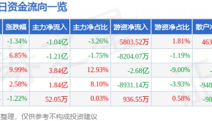 股票行情快报：兴森科技（002436）9月15日主力资金净卖出1.04亿元