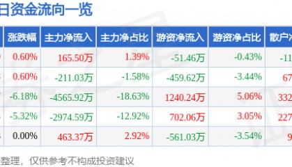 股票行情快报：华谊兄弟（300027）3月5日主力资金净买入165.50万元