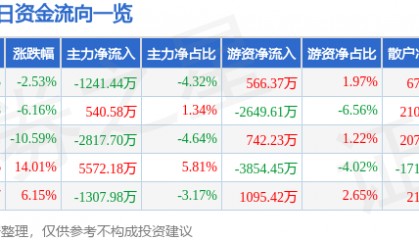 股票行情快报：华谊兄弟（300027）2月13日主力资金净卖出1241.44万元