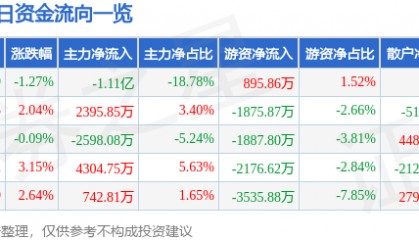 股票行情快报：浙大网新（600797）2月13日主力资金净卖出1.11亿元