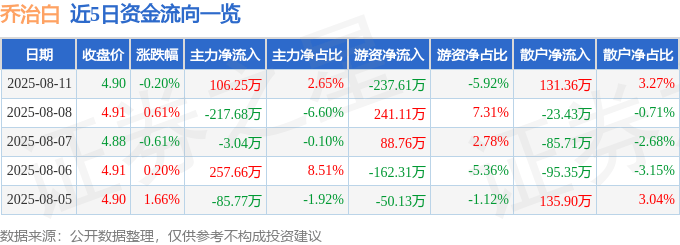 股票行情快报：乔治白（002687）8月11日主力资金净买入106.25万元