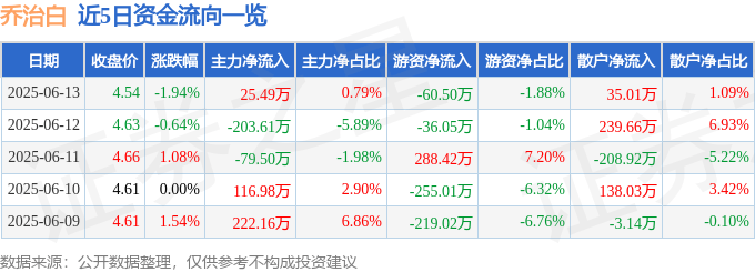 股票行情快报：乔治白（002687）6月13日主力资金净买入25.49万元
