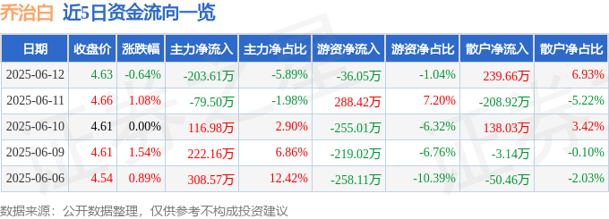 股票行情快报：乔治白（002687）6月12日主力资金净卖出203.61万元