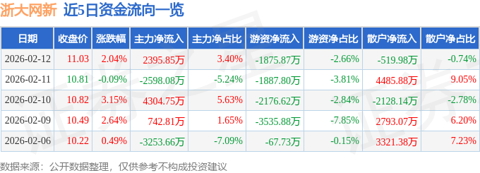 股票行情快报：浙大网新（600797）2月12日主力资金净买入2395.85万元